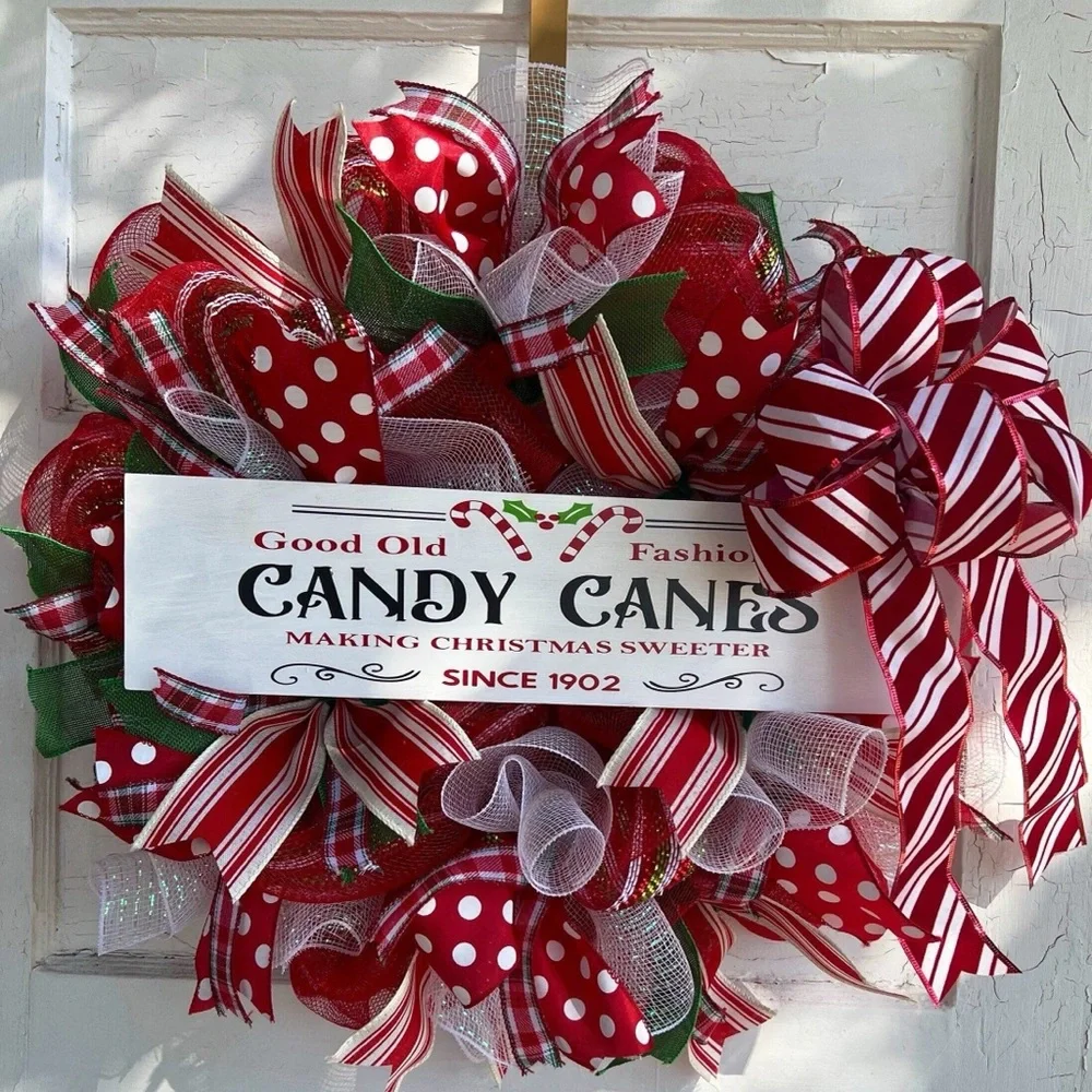 Festive Red and White Candy Cane Wreath